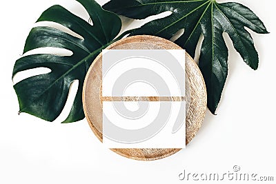 Blank white business cards mockups, wooden plate, aralia and monstera leaf isolated on white table backgound. Modern Stock Photo