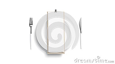 Blank white cafe menu mock up on plate with cutlery Stock Photo