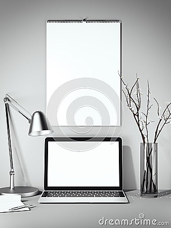 Blank white calendar on the wall. 3d rendering Stock Photo
