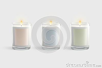 Blank white candle in glass jar with colored label mockup Stock Photo