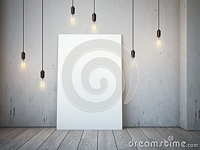 Blank white canvas with glowing bulbs in the loft interior. Stock Photo
