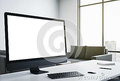 Blank white computer screen on designer desktop Editorial Stock Photo