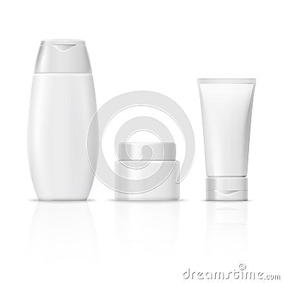 Blank white cosmetics product packaging vector set, cream tube, shampoo bottle, container Vector Illustration