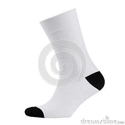 Blank white cotton long sock with black heel on invisible foot isolated on white background as mock up for advertising, branding. Stock Photo