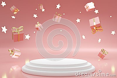 Blank white cylinder podium 3 step on pink background with blured drop gift boxes, showcase for product. Stock Photo