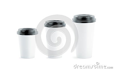 Blank white disposable paper cup mock ups with black lids Stock Photo