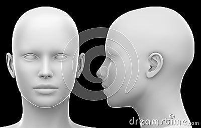 Blank White Female Head - Side and Front view isolated on Black Cartoon Illustration