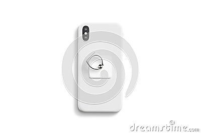 Blank white fingergrip sticked on cellphone mockup, isolated, top view Stock Photo