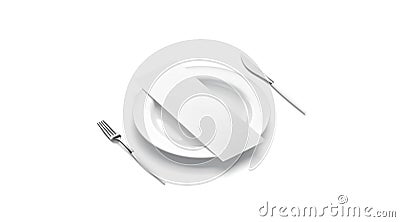 Blank white flyer menu mock up on plate with cutlery, side view, Stock Photo