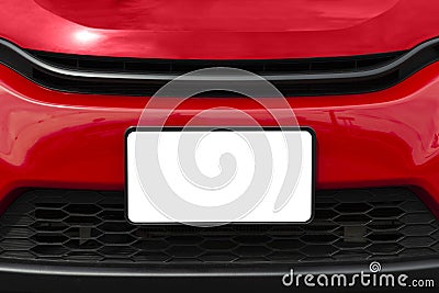 Blank White Front License Plate On Red Car With Copy Space Stock Photo