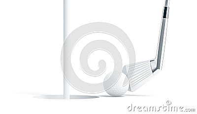 Blank white golf ball near hole with stick mockup Stock Photo