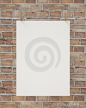 Blank white hanging poster with clothespin and rope on brick wall, background Cartoon Illustration