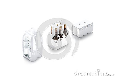 Blank white holder pack for bottle, can mockup, half-turned view Stock Photo