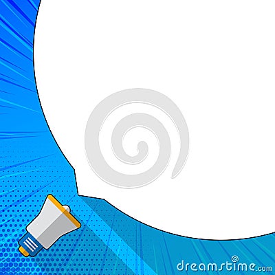 Blank White Huge Round Speech Bubble and Small Megaphone. Big Empty Text Balloon Occupying Half of the Screen. Creative Vector Illustration