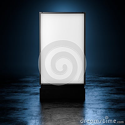 Blank White Illuminated Outdoor Banner Stand At Dark Ambience. Empty Space. Copy Space. 3d rendering. Stock Photo