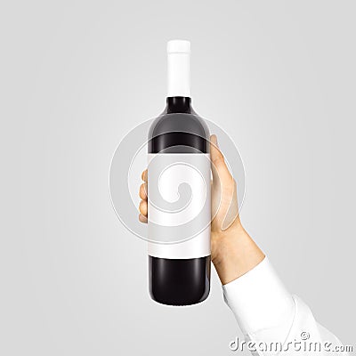 Blank white label mock up on black bottle red wine Stock Photo