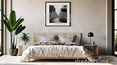 Blank white large photo poster frame with black edge in modern, luxury beige brown bedroom, wood head board bed, gray blanket, Stock Photo