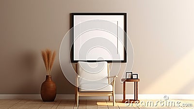 Blank white large photo poster frame with black edge in modern, luxury beige brown bedroom, wood head board bed, gray blanket, Stock Photo