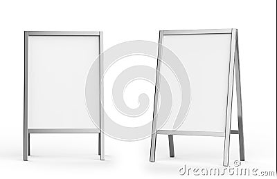 Blank white metallic outdoor advertising stand mockup set, , 3d rendering. Clear street signage board mock up. A-board Stock Photo