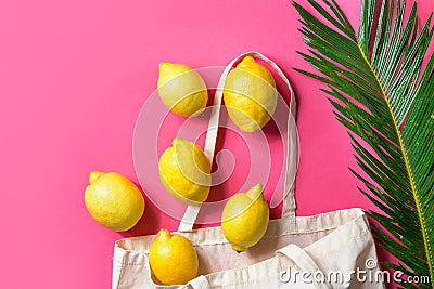 Blank white mockup linen cotton tote bag organic lemons green palm leaf on fuchsia pink background. Zero waste reusable materials Stock Photo