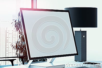 Blank white monitor, keyboard and computer mouse at desk. 3d rendering. Stock Photo