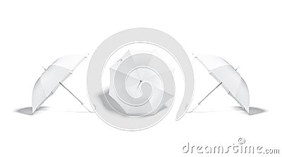 Blank white open umbrella mockup lying, side and back view Stock Photo