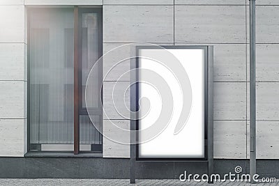 Blank white outdoor banner stand next to bright modern building, 3d rendering. Stock Photo