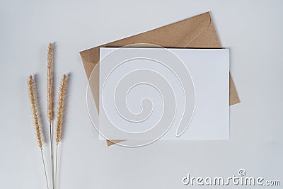 Blank white paper on brown paper envelope with bristly foxtail dry flower. Mock-up of horizontal blank greeting card. Top view of Stock Photo