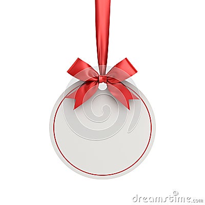 Blank white paper round christmas ball frame tag label card template hanging with shiny red ribbon and bow isolated on white Stock Photo