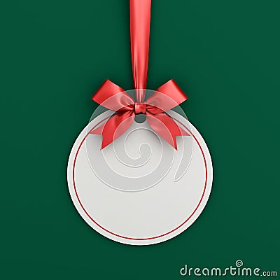 Blank white paper round christmas ball frame tag label card template hanging with shiny red ribbon and bow Stock Photo