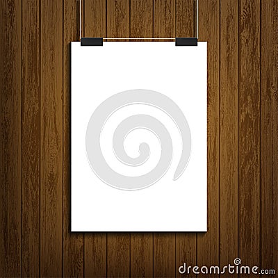 Blank white paper sheet template hanging on wal Vector Illustration