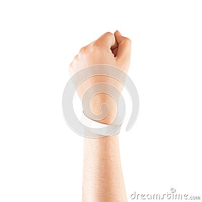 Blank white paper wristband mock up on persons arm Stock Photo