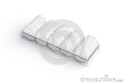 Blank white plastic round chip stack in tray mockup, isolated Stock Photo