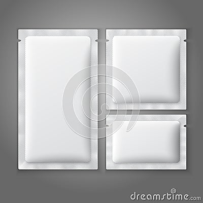 Blank white plastic sachets for coffee, sugar, Vector Illustration