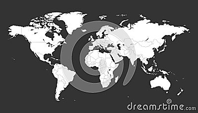 Blank white political world map isolated on black background. Worldmap Vector template for website, infographics, design. Flat ea Vector Illustration