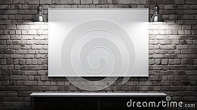 Perspective Rendering: White Board On Brick Wall With Wall Lights And Lamps Stock Photo