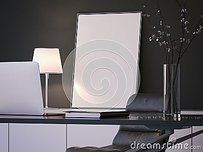 Blank white poster behind the desktop, 3d rendering. Stock Photo