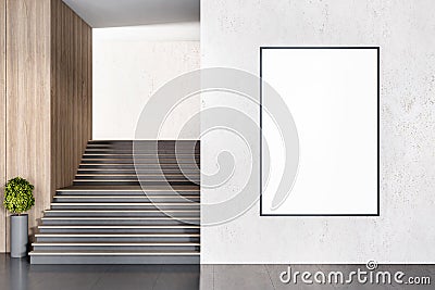 Blank white poster in black frame on light concrete wall outdoors with black wooden stairs with small tree in flowerpot. 3D Stock Photo