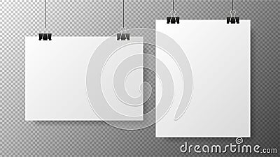 Blank white poster template on transparent with gradient background. Affiche, paper sheet hanging on a clip. Realistic Vector Illustration