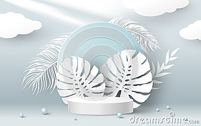 Blank white product podium and paper tropical monstera leaves on blue background 3D vector illustration Vector Illustration