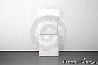 Blank white promo counter mockup stand near the wall Stock Photo