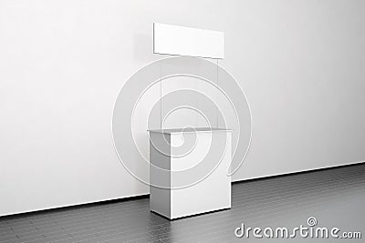 Blank white promo counter mockup stand near the wall, side Stock Photo
