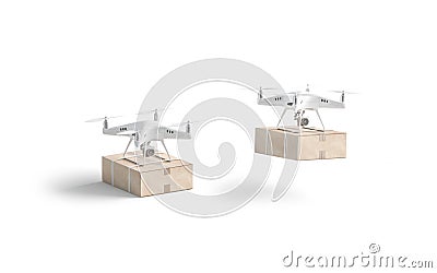 Blank white quadrocopter with box mock up, stand and flies Stock Photo