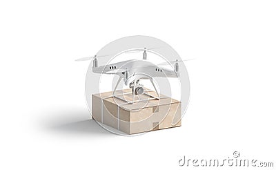 Blank white quadrocopter with box mockup, stand isolated, side view Stock Photo