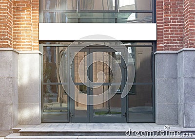Blank white rectangular box store entrance mockup, glass brick wall Stock Photo