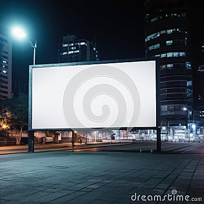 Blank white road billboard with cityscape background at night time. Street advertising poster, mock up. Side view The Stock Photo