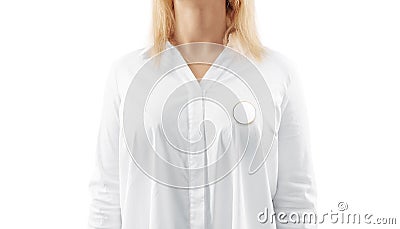 Blank white round gold lapel badge mock up woman chest Stock Photo