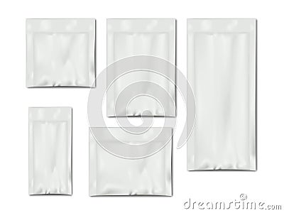 Blank white sachet packet set. Plastic, paper or foil pouch bag. Food, medical or cosmetic product individual package mock-up Vector Illustration
