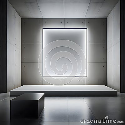 A blank white screen glows in a concrete room, creating a minimalist and modern display space. Generative AI Stock Photo
