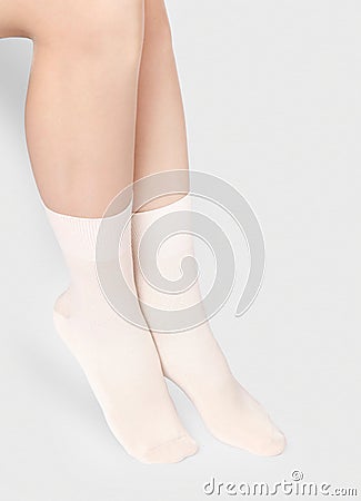 Blank white socks design mockup, isolated, clipping path. Pair sport crew cotton sock wear mock up. Long clear soft cloth stand Stock Photo